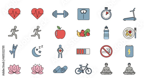 Collection of colorful line icons representing a healthy lifestyle, including fitness, diet, yoga, and wellness concepts. Set of symbols for exercise, nutrition, and well-being.