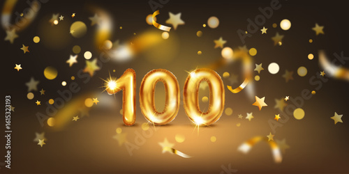 Golden balloon in the shape of the number 100, set against a dark background filled with soft bokeh lights and scattered golden stars and ribbons, creating a festive and celebratory atmosphere.