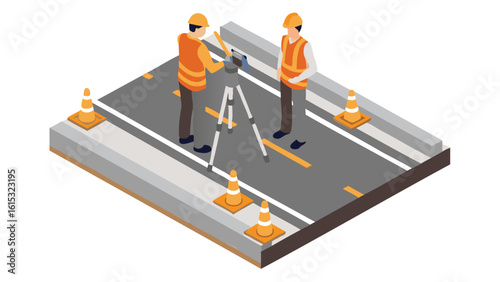 Isometric view of road construction workers surveying with cones and equipment on a gray road surface