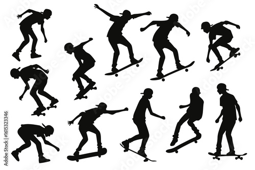Collection of silhouettes of skateboarders in various dynamic poses