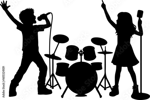 Energetic silhouette of two young musicians performing with a drum set