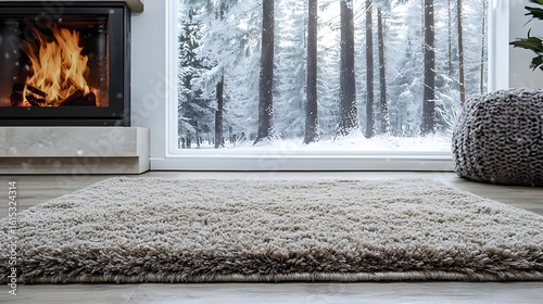 Cozy beige rug in front of a snowy forest view.  Interior with fireplace