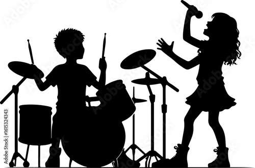 Children silhouetted playing drums and singing into microphone