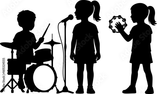 Children s silhouette band performing music together with drums microphone and tambourine