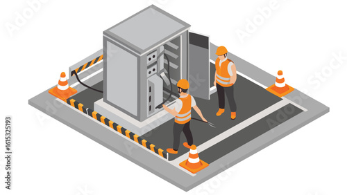 Isometric view of workers repairing electrical box with safety cones and barricades near the road