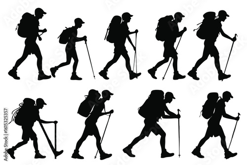 Silhouettes of hikers with backpacks and trekking poles in motion