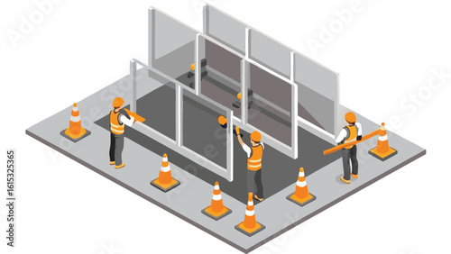 Isometric view of construction workers installing glass panels with safety cones on a gray platform