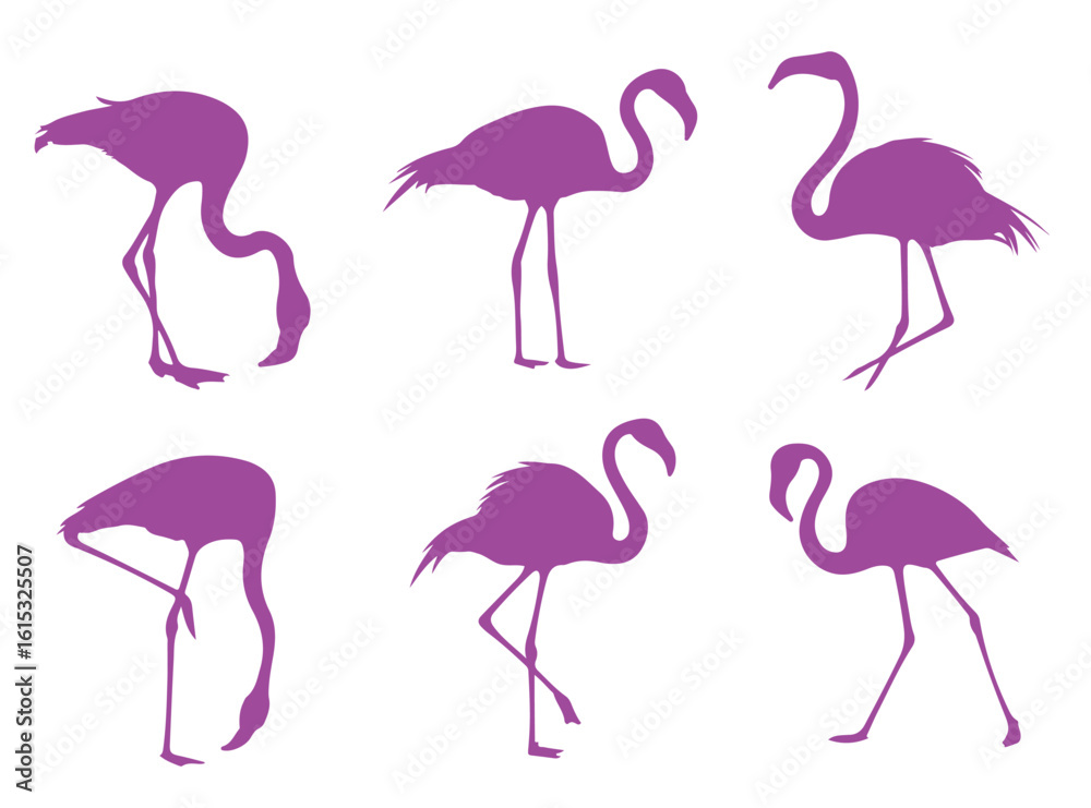 Obraz premium Set of simple pink flamingo silhouettes on white background. minimalistic and elegant design perfect for tropical themed projects, wall decor, branding and nature inspired layouts