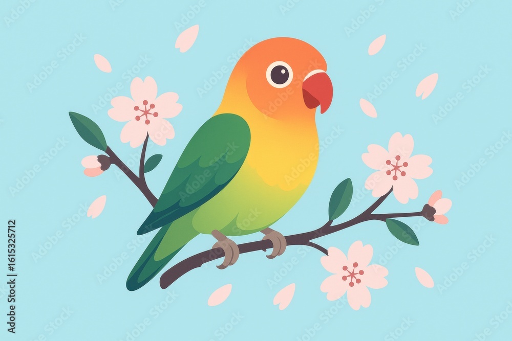 Fototapeta premium Delightful Lovebird Illustration with Cherry Blossoms on Blue