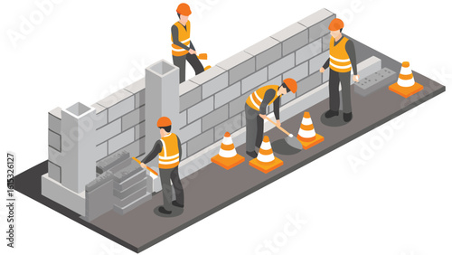 Isometric view of construction workers building a brick wall with safety cones on a gray surface