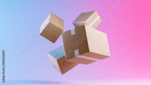Multiple cardboard boxes float in mid-air against a gradient background,
