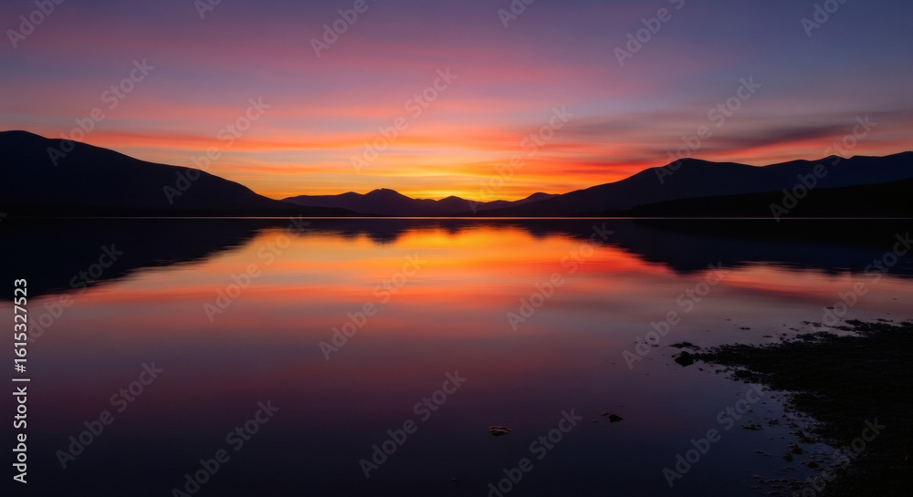 Naklejka premium Serene sunset reflecting on a calm lake, silhouetted mountains at dusk.