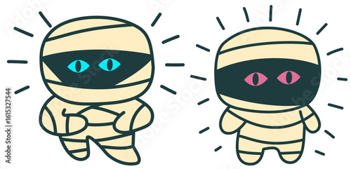 Cute mini mummy characters with glowing eyes in halloween style standing with bright aura and playful expression