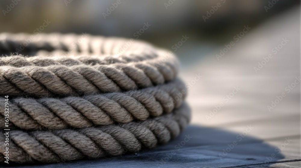 Fototapeta premium A tightly twisted natural fiber rope with a beige color, showcasing intricate texture and durability,