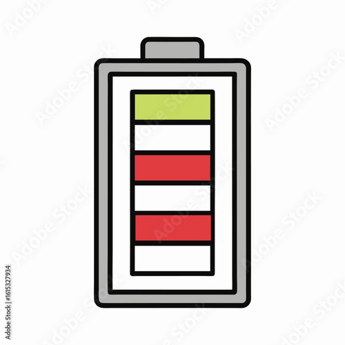 Battery Icon with Green & Red Segments – Power Status Indicator, Energy Depletion Alert, Vector UI Symbol