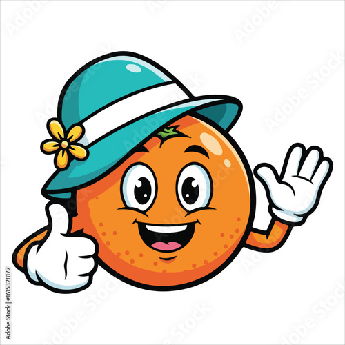 Cute Orange Cartoon Vector with Hat | Happy Fruit Mascot Illustration