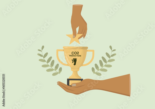 CO2 Reduction Award. Hand presenting golden CO2 reduction trophy representing environmental award ceremony and sustainability recognition. Carbon neutral award. Net zero concept. Vector illustration