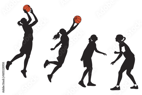 Silhouettes of women playing basketball in action poses