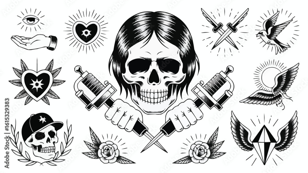 Fototapeta premium Black and White Tattoo Flash Sheet Featuring Skull, Daggers, Hearts, Roses, and Birds