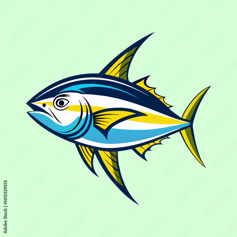 Fototapeta premium Cartoon yellowfin tuna fish illustration-Stylized cartoon drawing of a yellowfin tuna with blue, yellow, and white colors on a green background, ideal for fishing artwork.