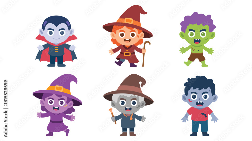 Obraz premium Cartoon Halloween Characters Cute Vampire, Witch, and Zombie Kids Illustration Collection