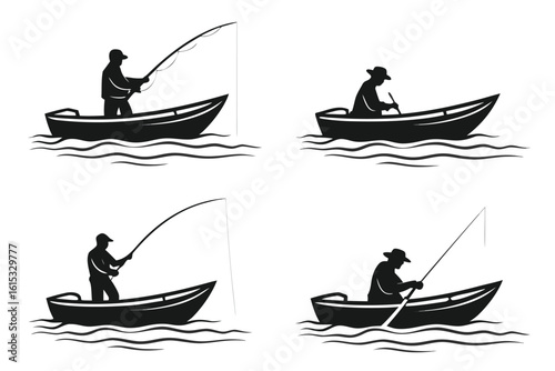 Fisherman in boat with fishing rod on water illustration set
