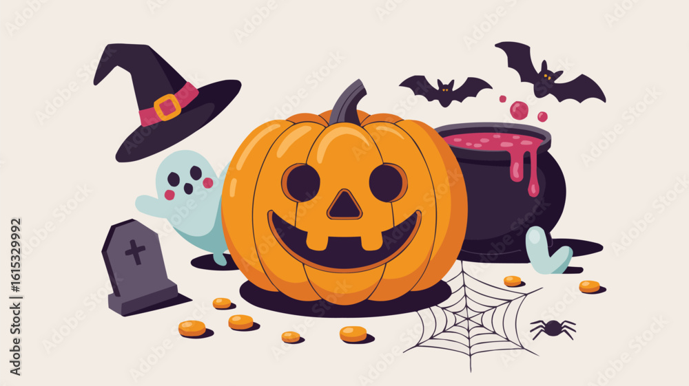 Cartoon Halloween Pumpkin, Witch Hat, Cauldron, Ghost, Bats, Spiderweb Illustration Cartoon Halloween Pumpkin, Witch Hat, Cauldron, Ghost, Bats, Spiderweb Illustration