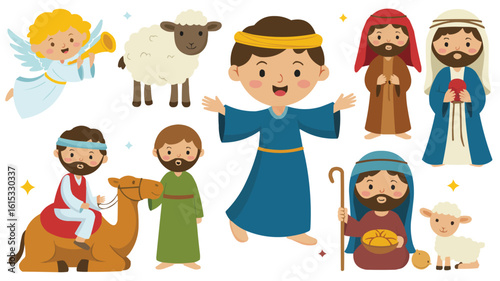 Cartoon Nativity Clipart Featuring Jesus, Shepherds, Angel, Wise Men, and Farm Animals