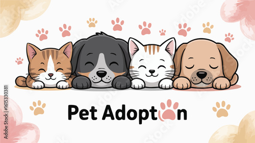 Cartoon Pet Adoption Cute Cats and Dogs Waiting for a New Home