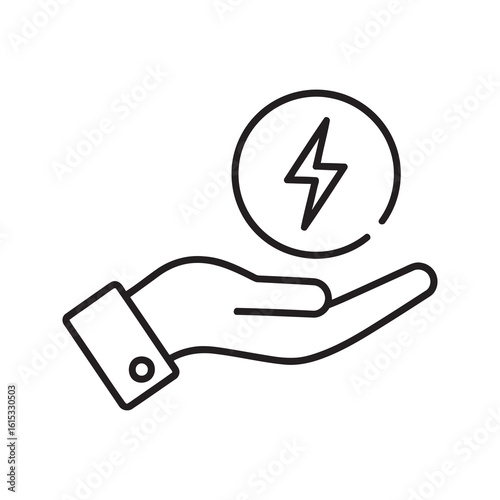 Line icon of a hand holding an energy symbol representing power supply service electricity provider and an offer for sustainable green energy solution vector stroke
