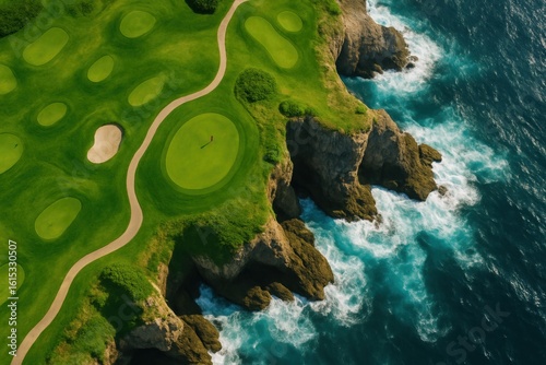 Panoramic aerial shot showcasing a pristine championship golf course perched on majestic sea cliffs, with vibrant green fairways contrasting against the deep blue ocean waves