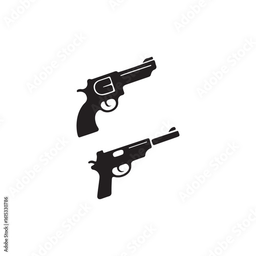 Two Silhouetted Pistols Against a White Background.Simple, black silhouette illustration of two pistols (a revolver and a semi-automatic pistol) against a clean white background.