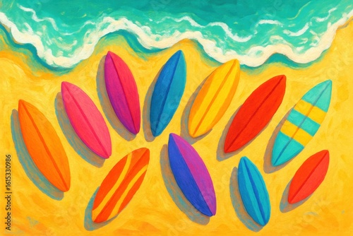 Colorful surfboards arranged on a sunny beach with gentle waves in the background, evoking a vibrant summer vibe