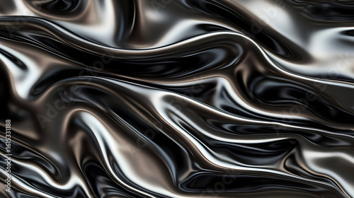 Abstract drapery of dark metallic fabric with flowing waves and glossy sheen.  Detailed ripples and folds create a luxurious texture