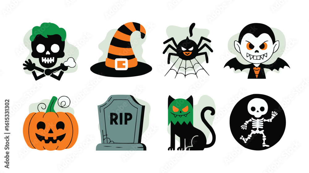 Fototapeta premium Colorful Halloween Cartoon Illustration Spider, Vampire, Pumpkin, Tombstone, Skeleton, Cat, Skull and Witch Hat