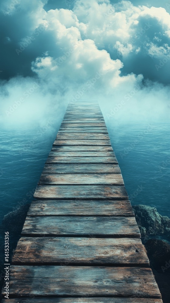 Obraz premium Wooden Pier Leading to Cloudy Sky Over Calm Water