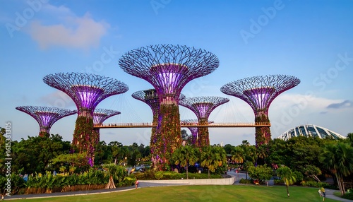 Stunning view of Supertrees at Gardens by the Bay in Singapore at sunset