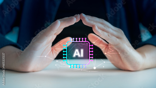 Quadro su tela Hands covering an AI chip symbol with network lines, representing artificial intelligence protection, responsible AI development, ethical technology, and secure digital innovation