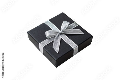 Elegant black gift box adorned with silver metallic ribbon and sophisticated bow arrangement, isolated on a transparent background