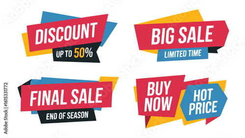 Colorful Sale Banners Featuring Discount, Big Sale, Final Sale, Buy Now, and Hot Price