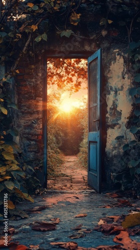 Open Doorway to Garden Path at Sunset with Leaves