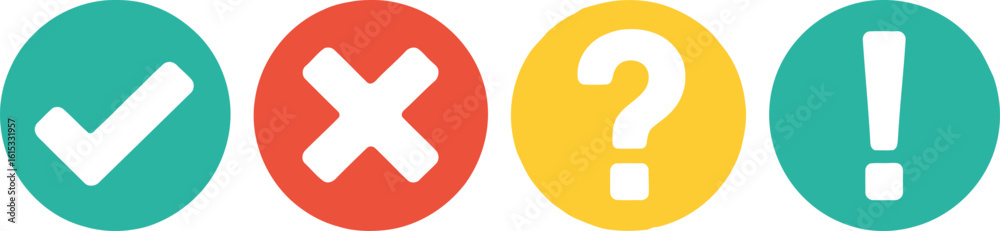 Fototapeta premium Approval Checkmark, Cross, Question, Exclamation Icons in Teal Red and Yellow Circles