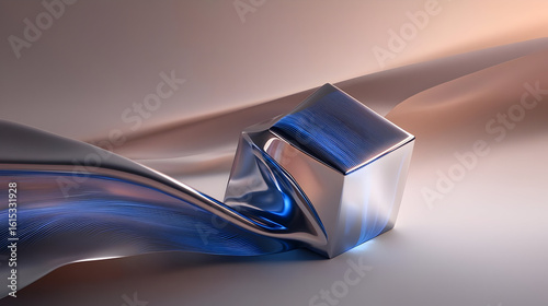 Metallic cube rests on flowing fabric.  Reflections highlight the smooth surfaces.  Muted color palette