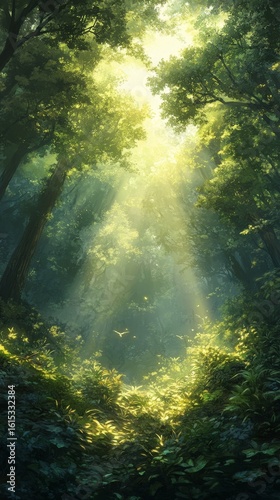 Sunlight Streaming Through Lush Green Forest Canopy