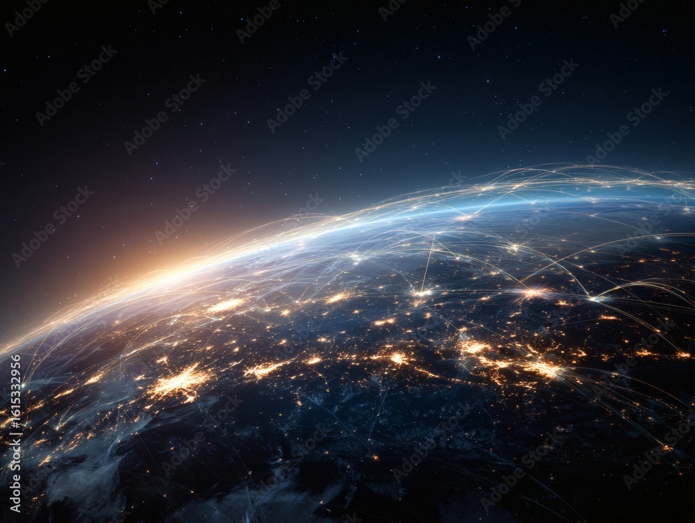 Obraz premium Breathtaking view of Earth from space at dawn, with city lights twinkling like diamonds against the dark sky, as the sun rises over the horizon.