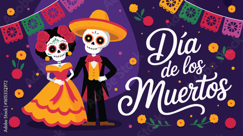Day of the Dead Illustration Skeleton Couple, Colorful Banners, and Floral Decorations on Purple