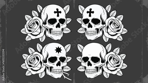 Four Skulls with Roses and Symbols Cross, Starburst, Cigarettes on Gray Background