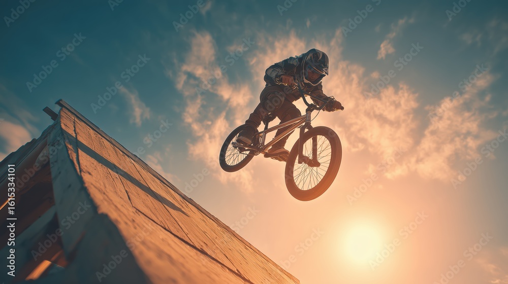 Naklejka premium A Rider Leaning From A Wooden Ramp Against A Golden Sunset Sky