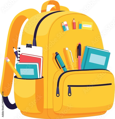 Vector art of a yellow school backpack with books and stationary in the pockets isolated on white background