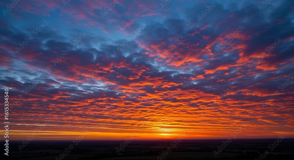 Fototapeta premium Dramatic fiery sunset with vibrant orange and blue colors over a dark horizon